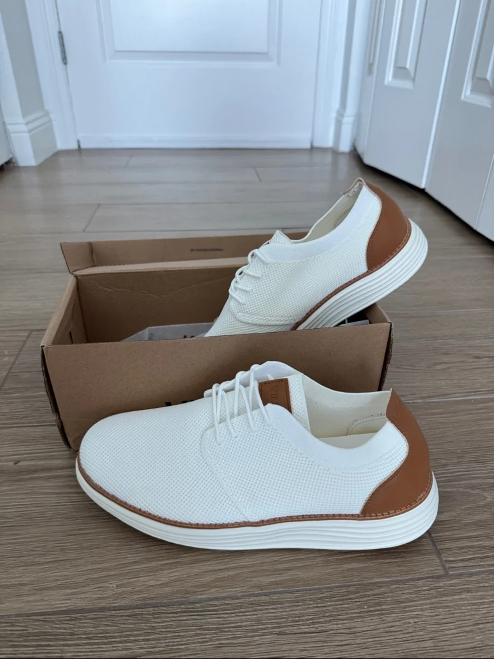 Men's White Knit Derby Shoes with Brown Leather Trim